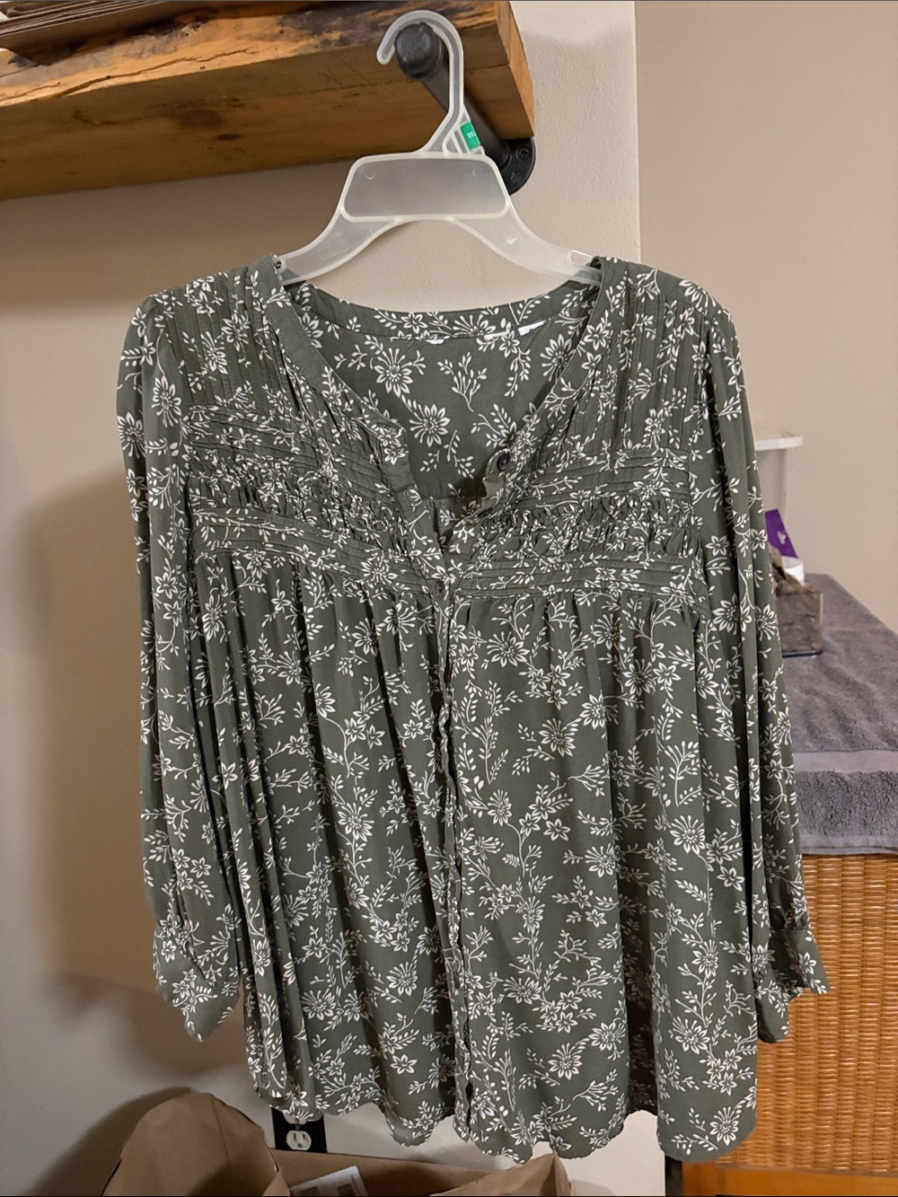 Olive Floral Button-Front Peasant Top with Smocked Yoke